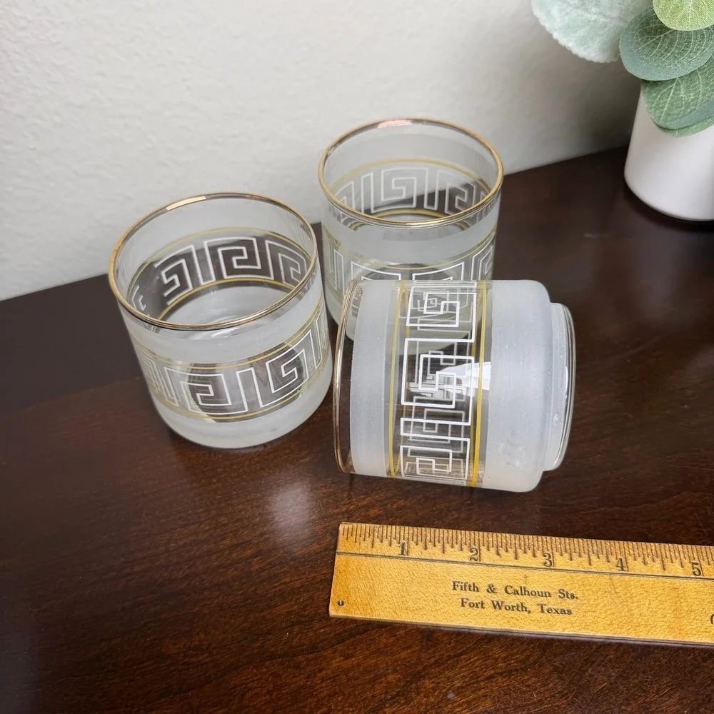 Vintage Frosted Greek Key Rocks Glasses Gold Rim MCM Lowball Set of 3 White Gold